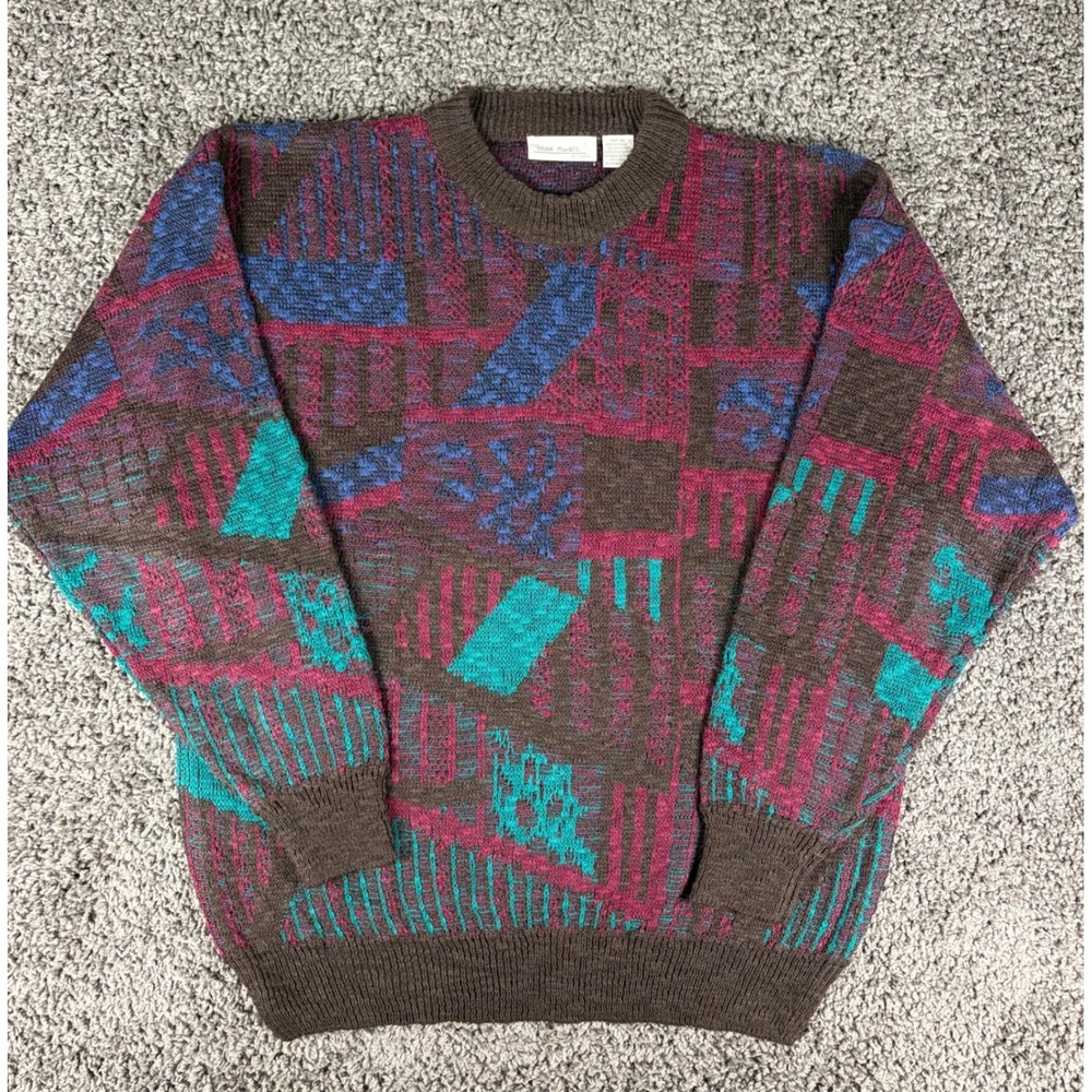 Vintage Brian MacNeil Mens XL Geometric Abstract Knit Sweater Brown Multicolor